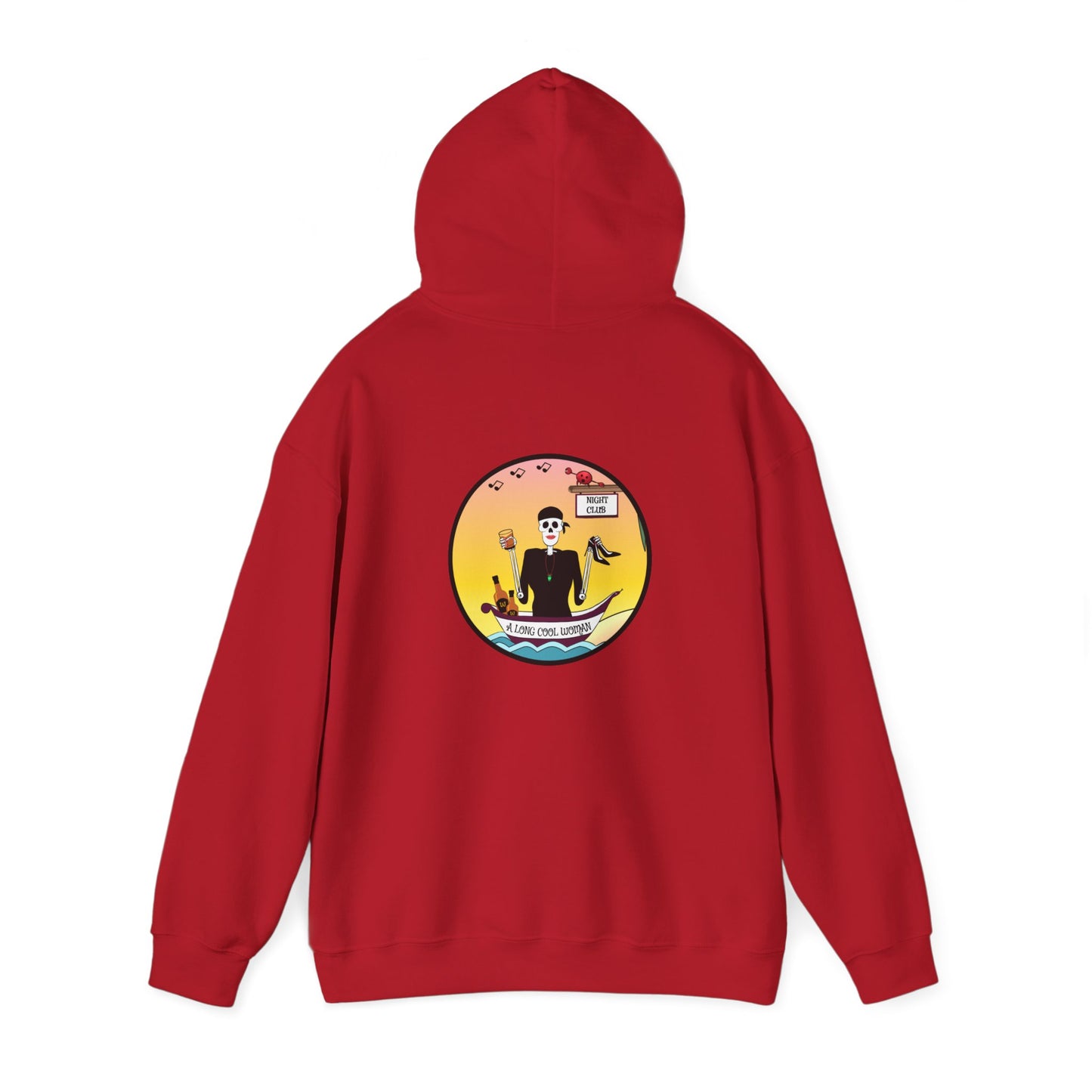 A Long Cool Woman, The Classic All Day Hooded Sweatshirt, Safety Pink, Safety Orange, Antique Sapphire, Cherry Red,  and Black