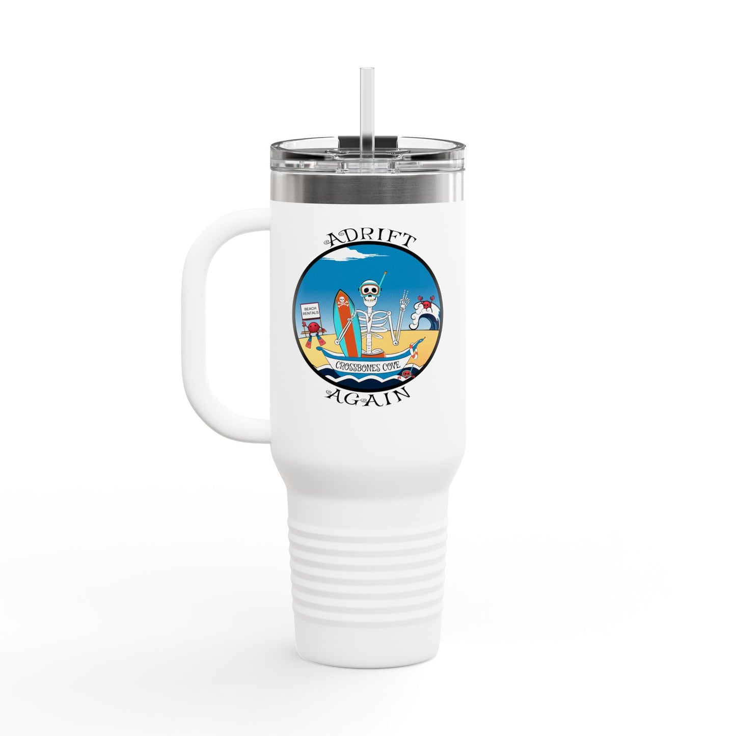 Crossbones Cove Insulated Travel Mug, 40oz, White, Black or Blue