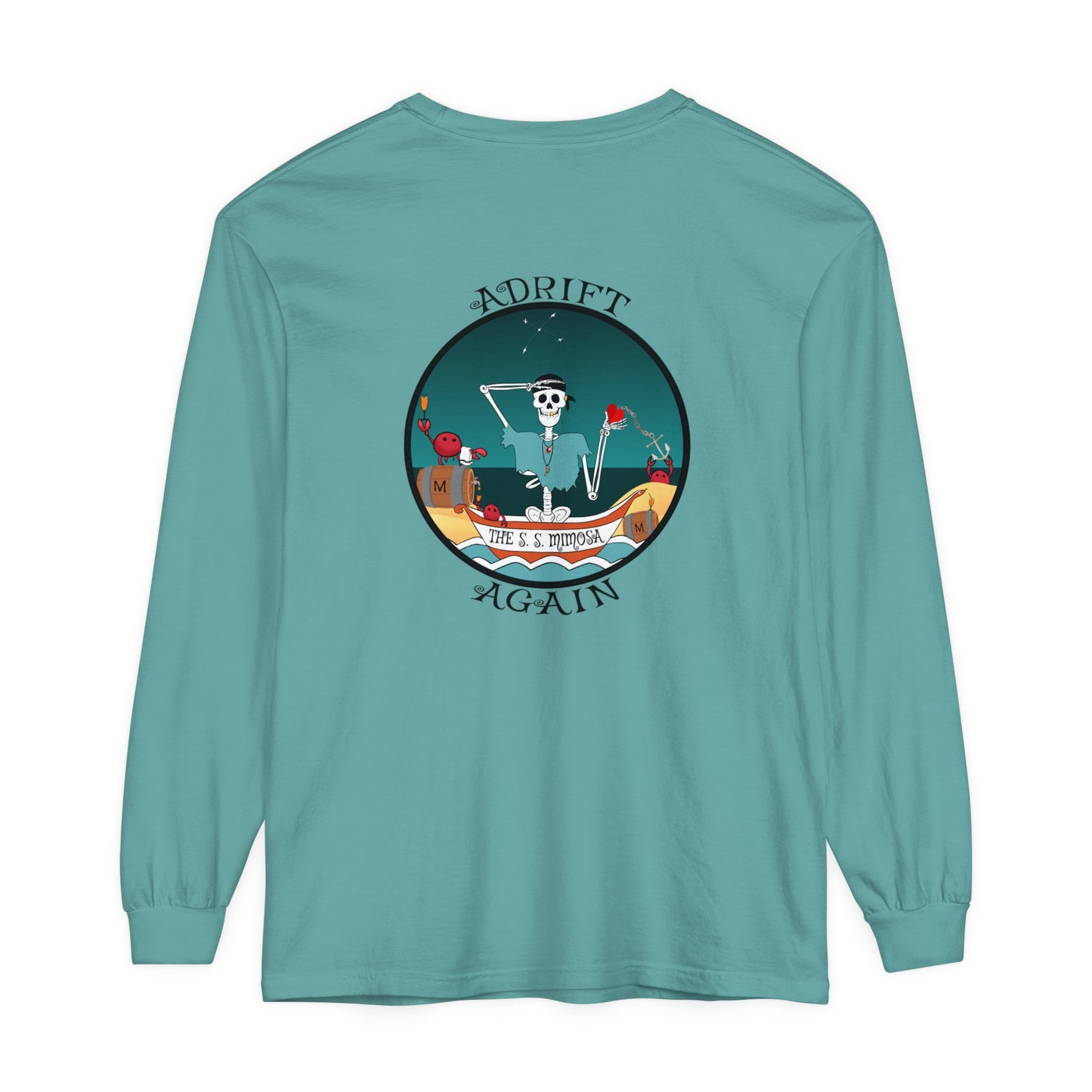 The S. S. Mimosa Unisex Garment-dyed Long Sleeve T-Shirt, Mint, Seafoam, Black & Mustard