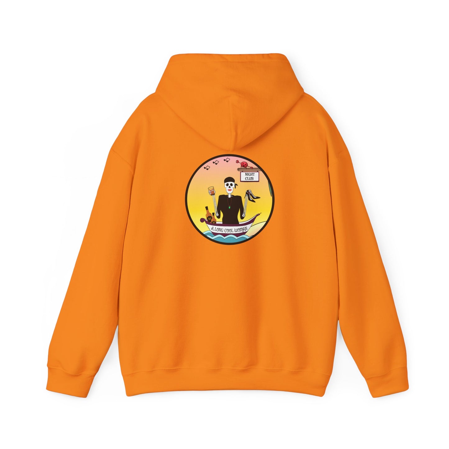 A Long Cool Woman, The Classic All Day Hooded Sweatshirt, Safety Pink, Safety Orange, Antique Sapphire, Cherry Red,  and Black