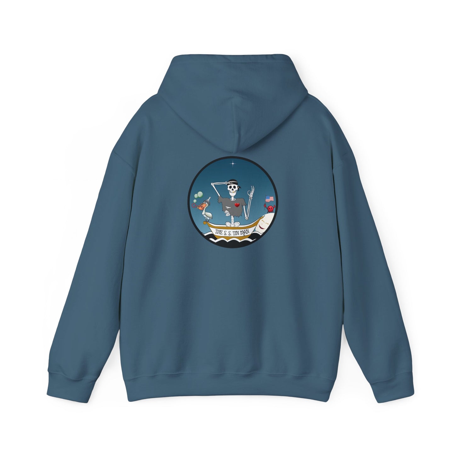 The S. S. Tin Man, The Classic All Day Hooded Sweatshirt, Graphite Heather, Indigo Blue, and Red