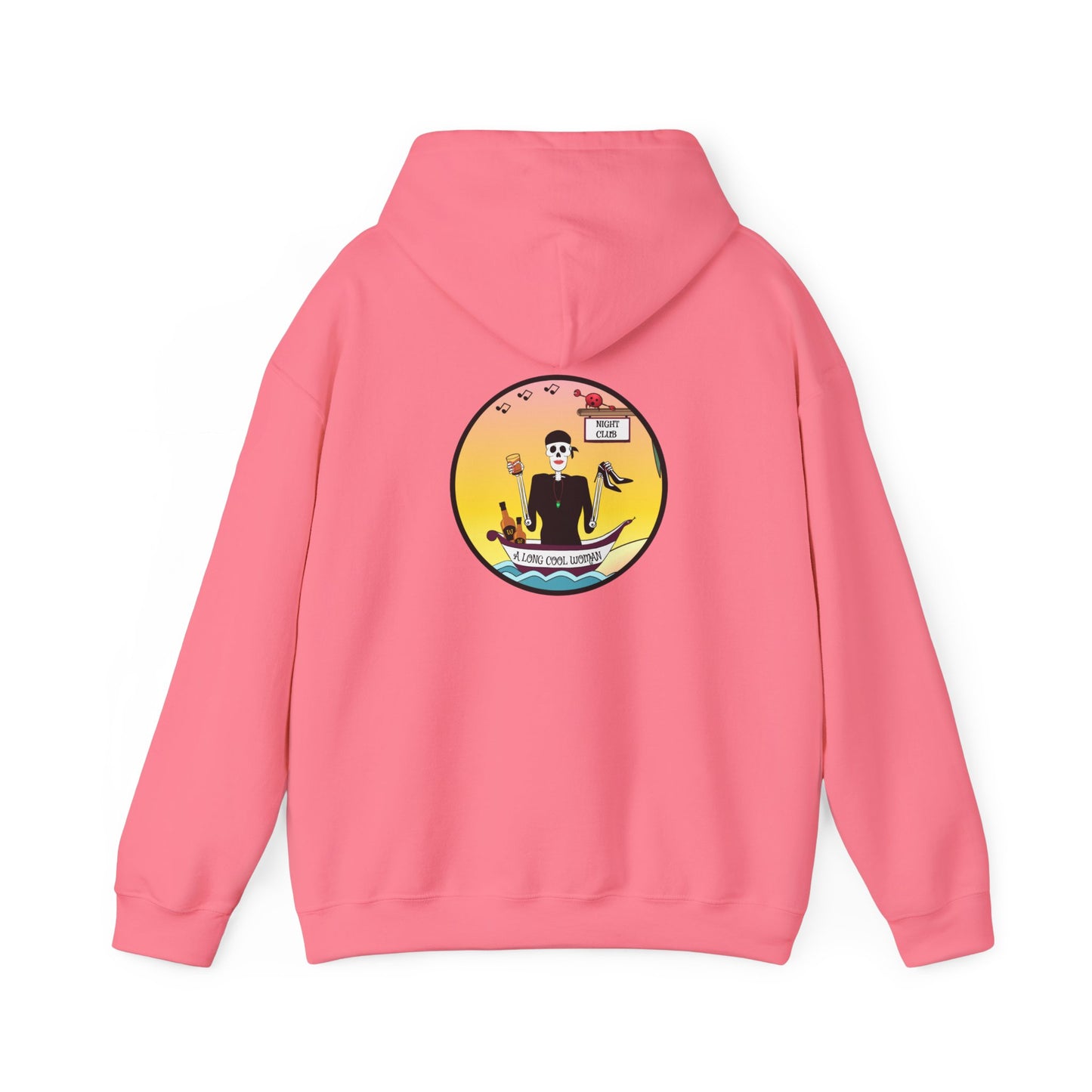 A Long Cool Woman, The Classic All Day Hooded Sweatshirt, Safety Pink, Safety Orange, Antique Sapphire, Cherry Red,  and Black