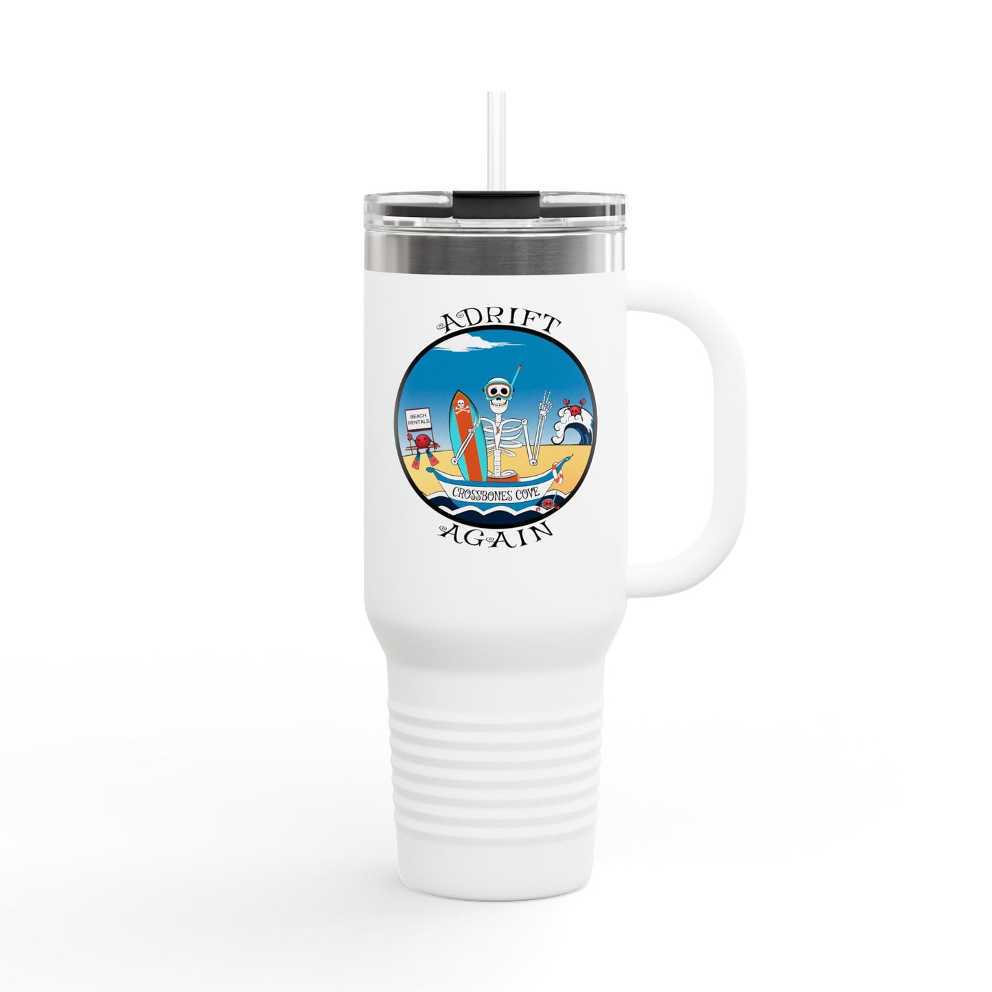 Crossbones Cove Insulated Travel Mug, 40oz, White, Black or Blue