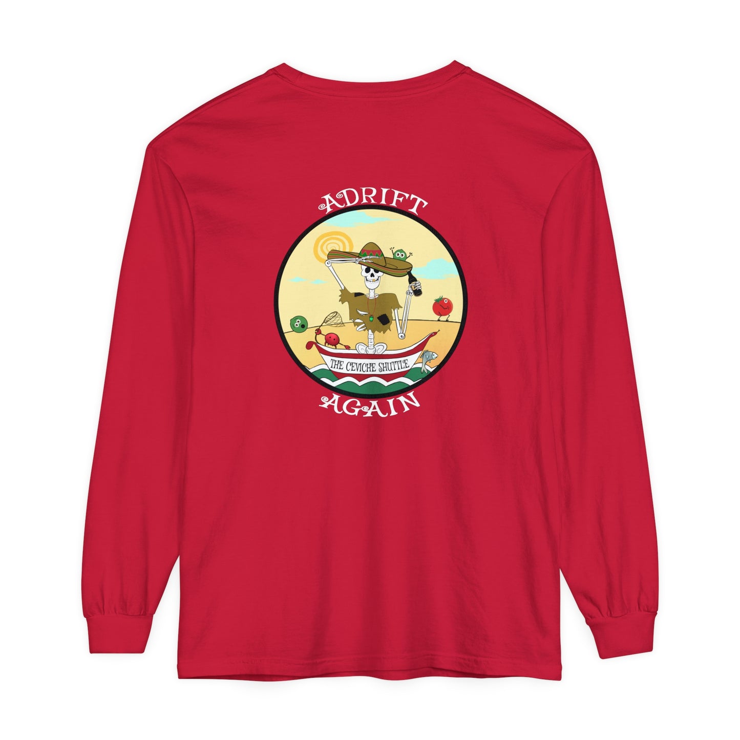 The Ceviche Shuttle Unisex Garment-dyed Long Sleeve T-Shirt, Mustard, Black & Red