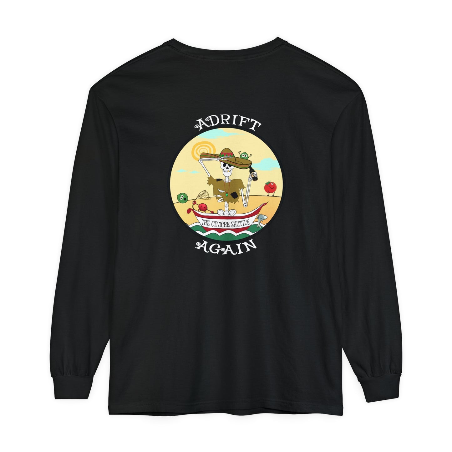 The Ceviche Shuttle Unisex Garment-dyed Long Sleeve T-Shirt, Mustard, Black & Red