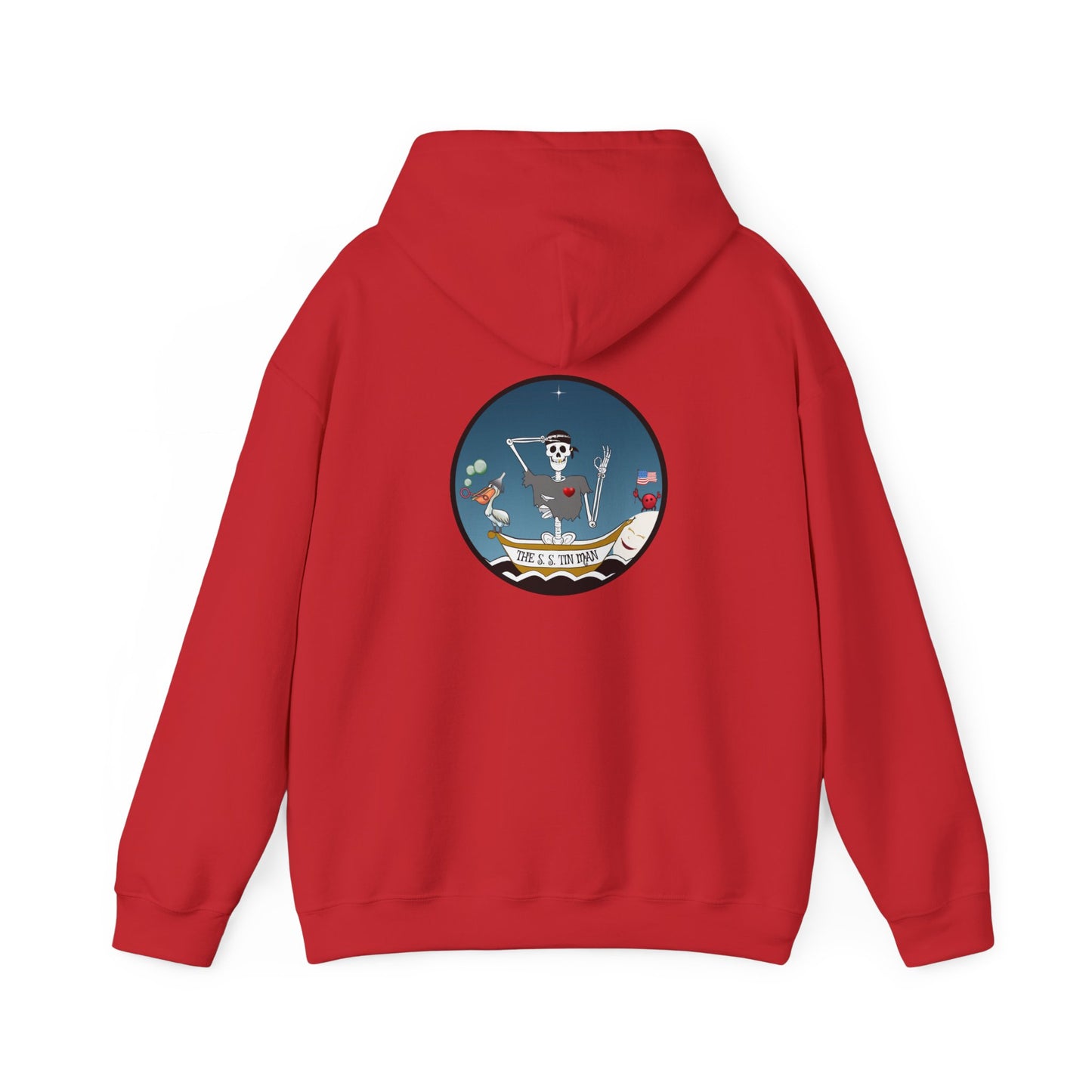 The S. S. Tin Man, The Classic All Day Hooded Sweatshirt, Graphite Heather, Indigo Blue, and Red