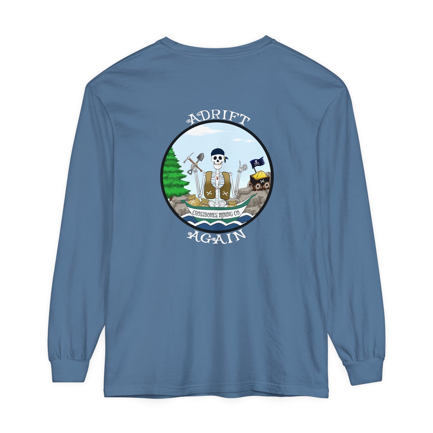 Crossbones Mining Co. Unisex Garment-dyed Long Sleeve T-Shirt, Blue Jean, Black, True Navy & White