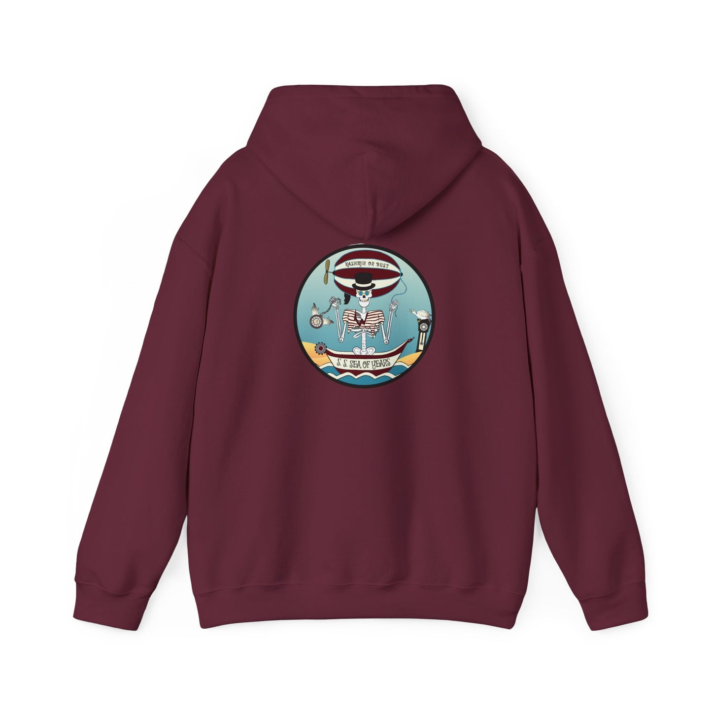 S. S. Sea Of Years, The Classic All Day Hooded Sweatshirt, Sand, Maroon, and Antique Sapphire