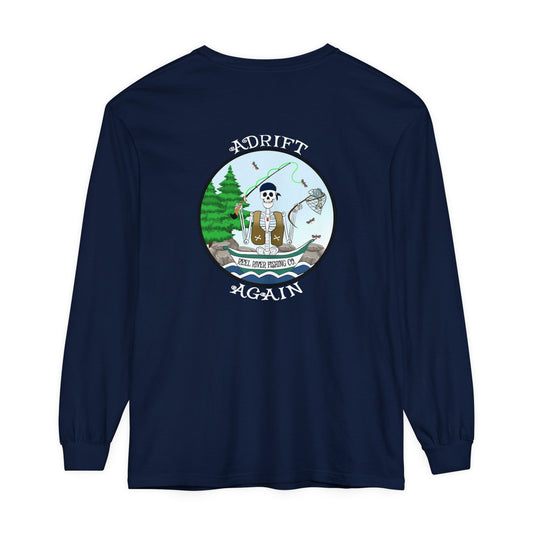 Reel River Fishing Co. Unisex Garment-dyed Long Sleeve T-Shirt, True Navy, Black, Blue Jean & White