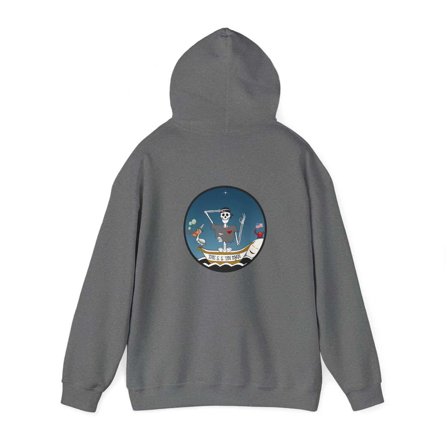 The S. S. Tin Man, The Classic All Day Hooded Sweatshirt, Graphite Heather, Indigo Blue, and Red