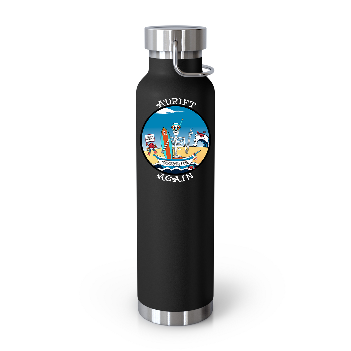 Crossbones Cove 22 oz Water Bottle, Dual Wall, Stainless Steel, In Light Blue, Orange, Black or White