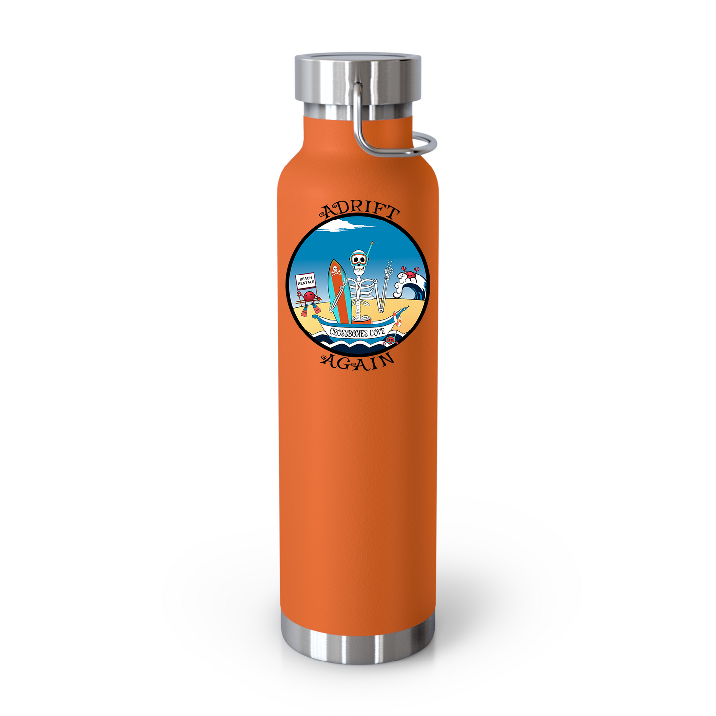 Crossbones Cove 22 oz Water Bottle, Dual Wall, Stainless Steel, In Light Blue, Orange, Black or White