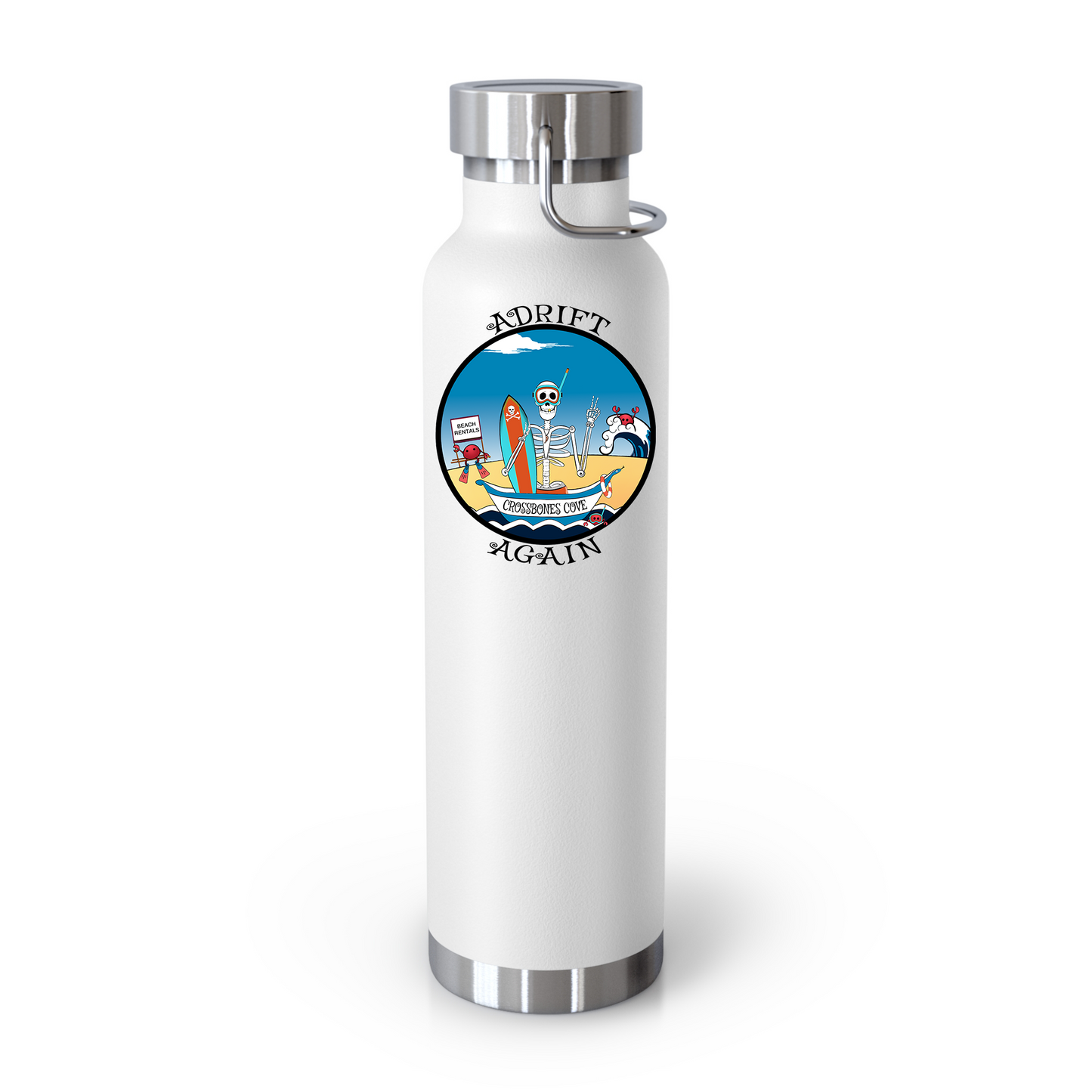 Crossbones Cove 22 oz Water Bottle, Dual Wall, Stainless Steel, In Light Blue, Orange, Black or White