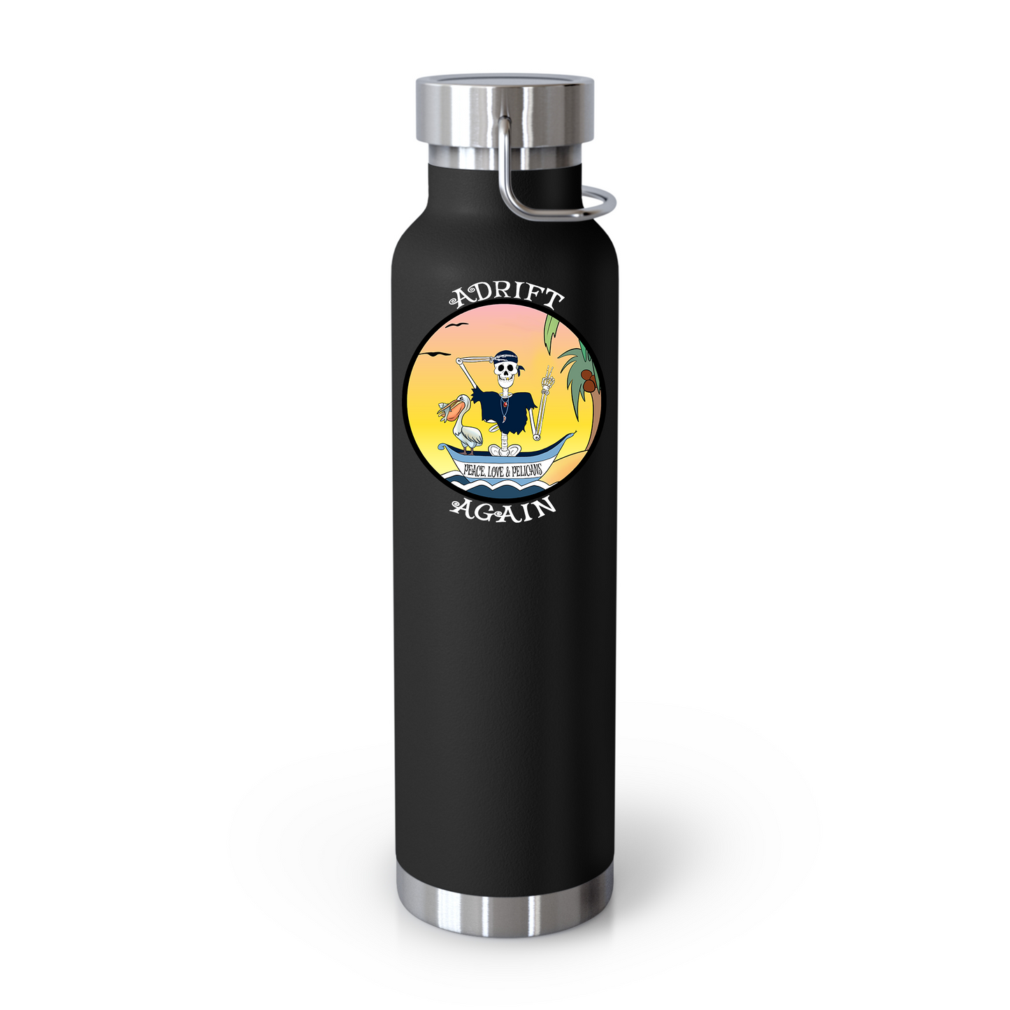 Peace, Love & Pelicans 22 oz Water Bottle, Dual Wall, Stainless Steel, In Light Blue, Black or White