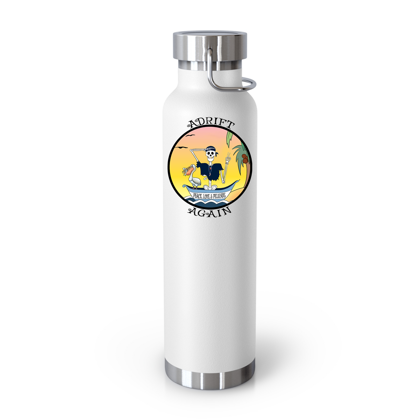 Peace, Love & Pelicans 22 oz Water Bottle, Dual Wall, Stainless Steel, In Light Blue, Black or White