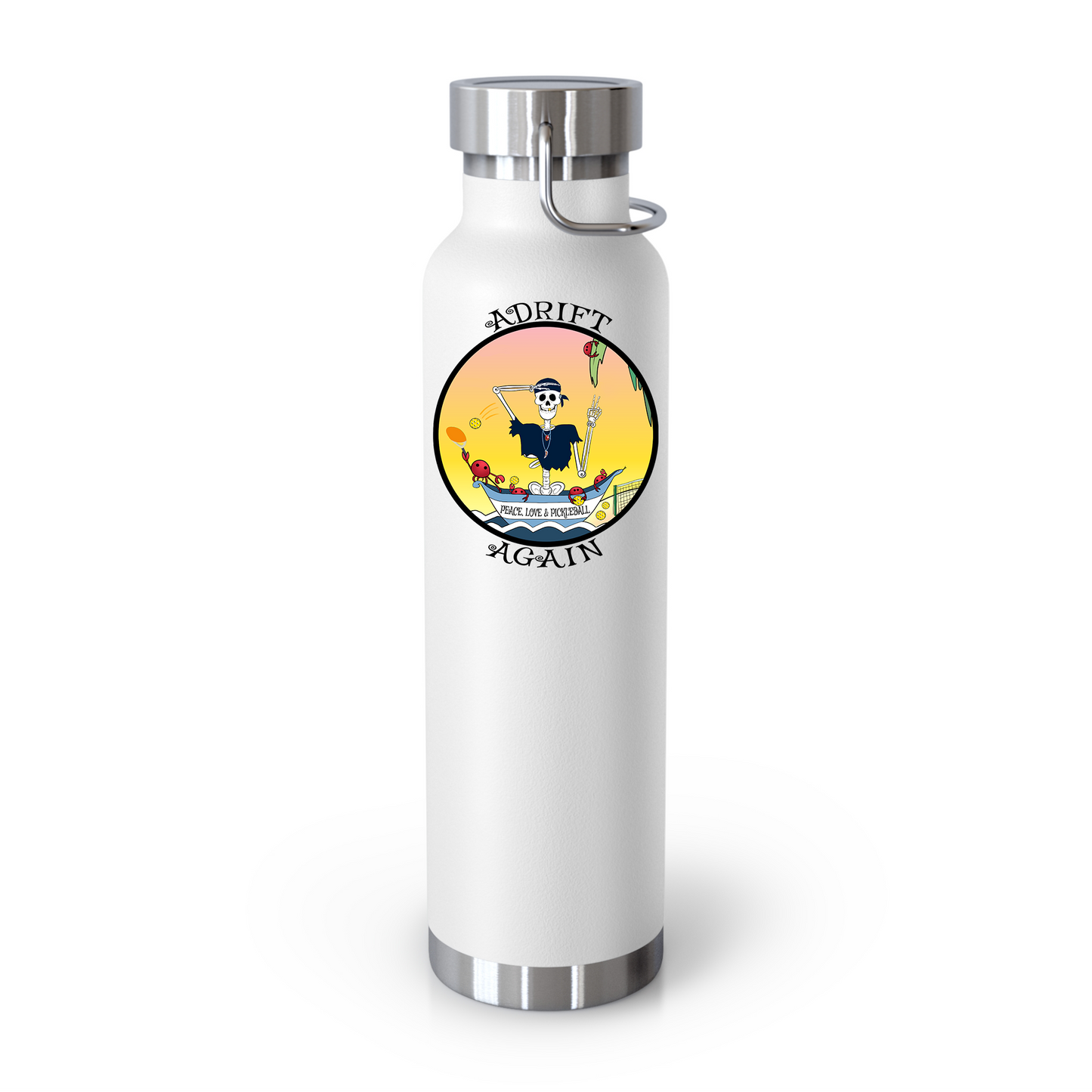 Peace, Love & Pickleball 22 oz Water Bottle, Dual Wall, Stainless Steel, In Light Blue, Black or White