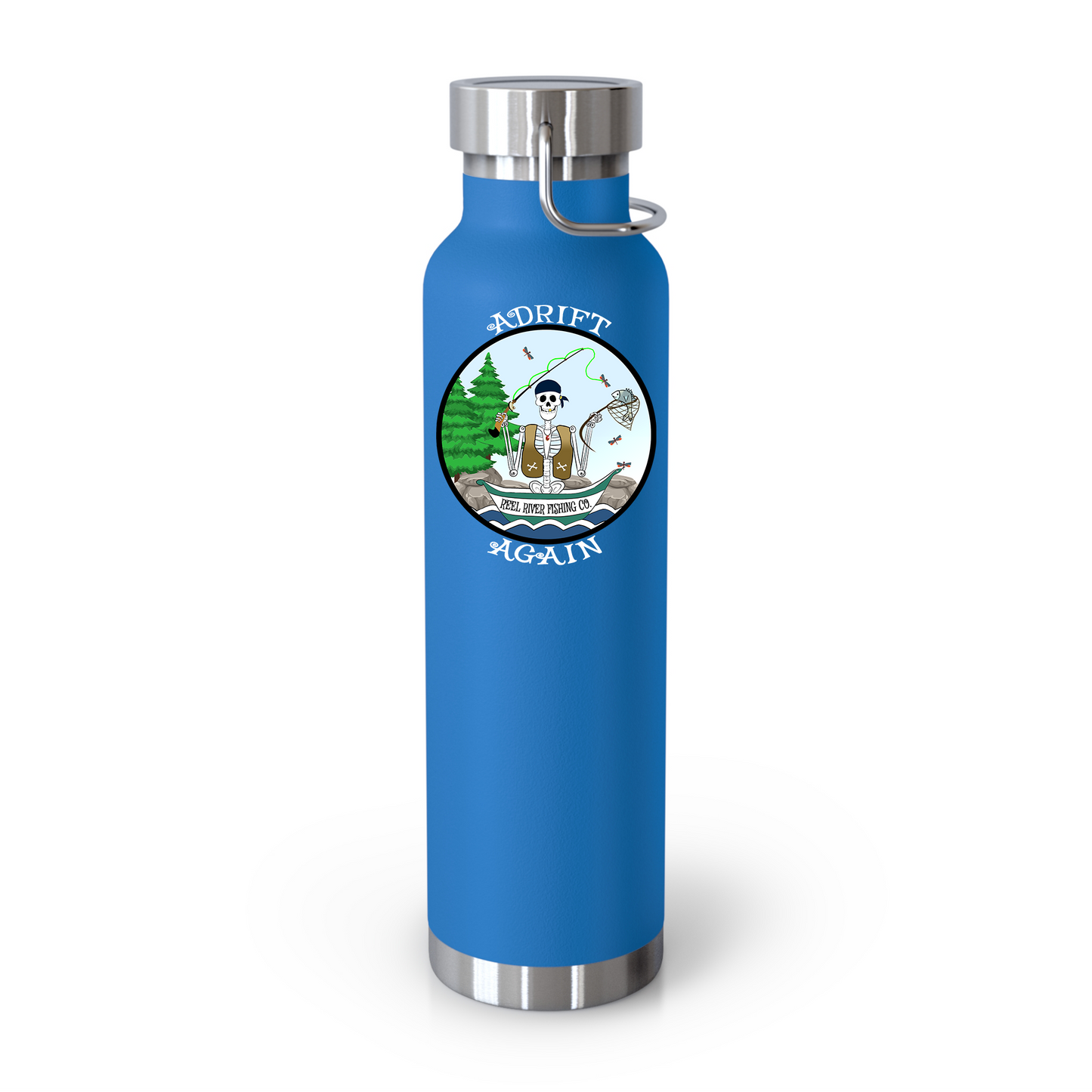 Reel River Fishing Co. 22 oz Water Bottle, Dual Wall, Stainless Steel, In Light Blue, Gray, Black or White