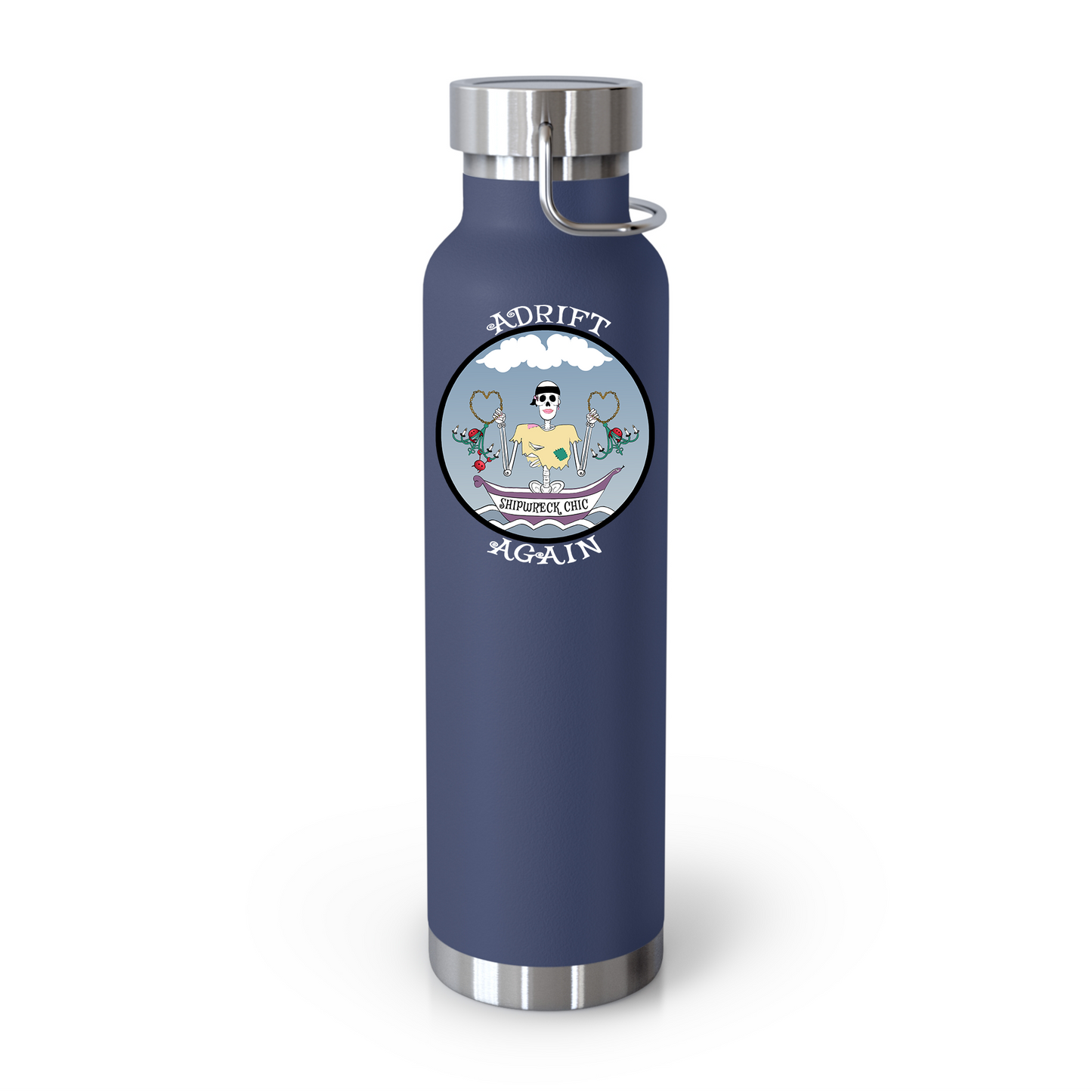 Shipwreck Chic 22 oz Water Bottle, Dual Wall, Stainless Steel, In Stainless, Navy or White