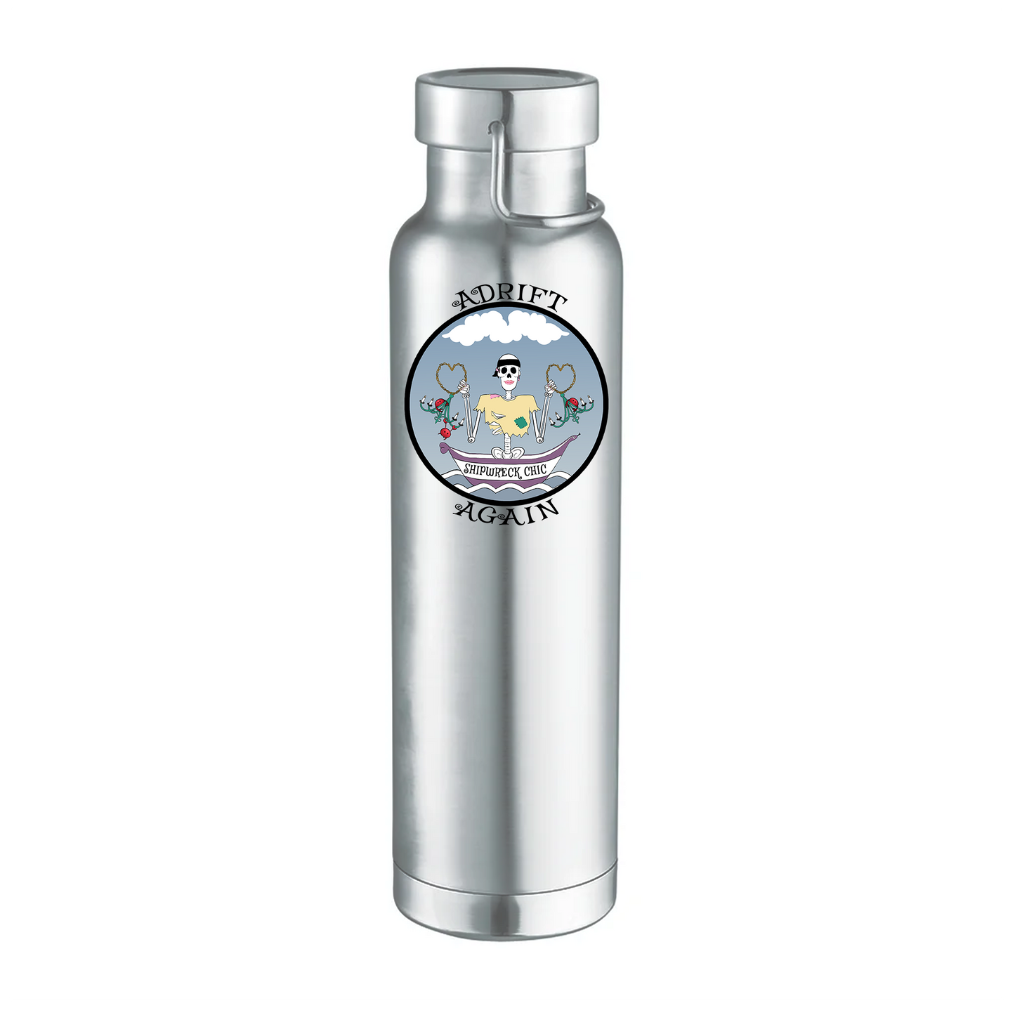 Shipwreck Chic 22 oz Water Bottle, Dual Wall, Stainless Steel, In Stainless, Navy or White